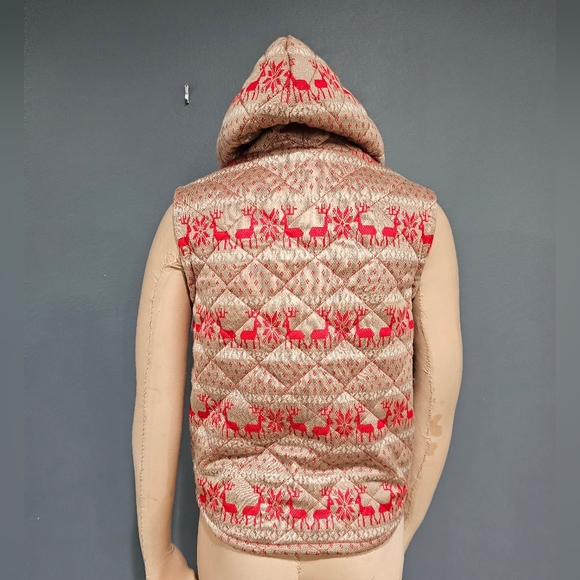 FREE PEOPLE Women Fair Isle Reindeer Hooded Quilted Red Beige Vest S - Picture 2 of 8